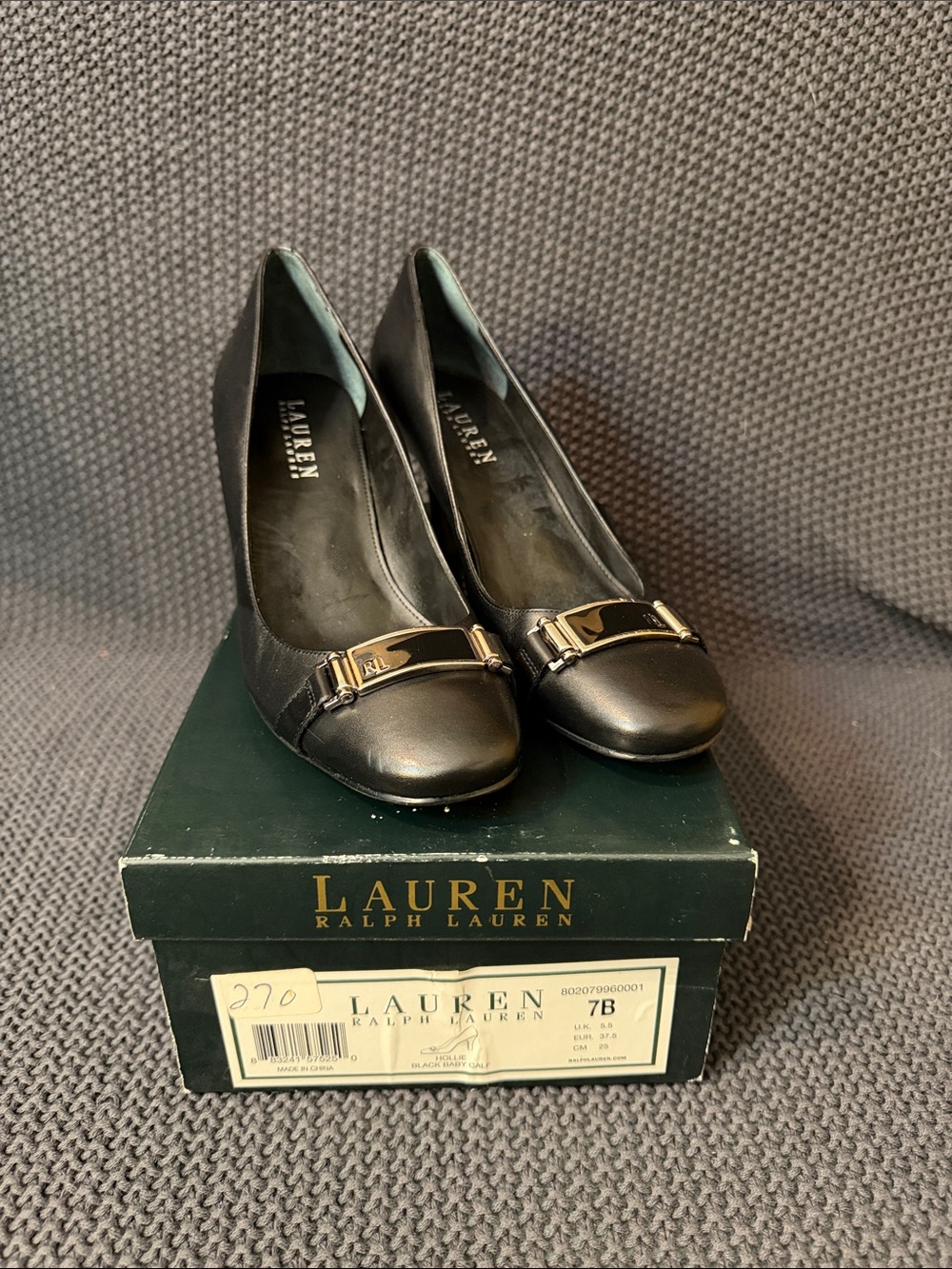 Lauren Ralph Lauren Black Leather Low Heel Pumps with Gold Accent